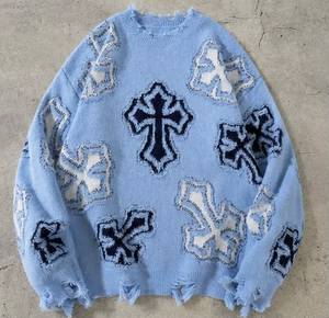 Pull à capuche surdimensionné en tricot bleu clair à motif croisé imprimé sur mesure pour homme, vêtement d'hiver en coton surdimensionné - Product Image 1