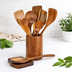 Ensemble d'ustensiles de cuisine en bois de teck, 9 pièces, avec support, outils de cuisine - Product Image 5
