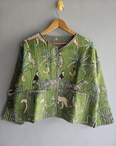 Green <b>Animal</b> Print Quilted Jacket With Batwing Sleeves And Patch Pockets Bohemian Style Summer Outerwear gift <b>for</b> her - Product Image 1