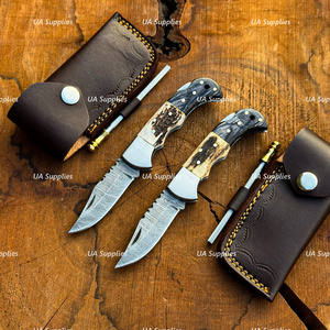 High Quality Best Seller Damascus Steel Folding Knife ELK Horn Handle Hunting Knife EDC OEM Folding Pocket Knife with Pouch - Product Image 4