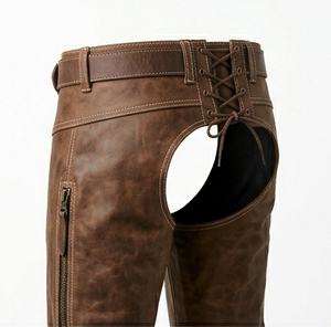 Chaps en cuir véritable marron vintage pour hommes, couleur et logo personnalisables, ceinture réglable, coupe décontractée, pantalon de style western, fermetures éclair latérales - Product Image 2