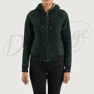 Women Emerald Green Genuine <b>Suede</b> Leather Hooded Bomber <b>Jacket</b> Slim Fit Premium Goat <b>Suede</b> Casual Winter Outerwear Fashionable - Product Image 6