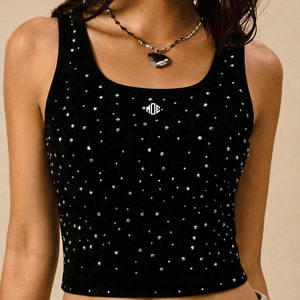 Top corto acanalado para mujer con pedrería de moda, ajustado, sin mangas, estilo urbano, camiseta de moda OEM de marca privada para mujer - Product Image 4