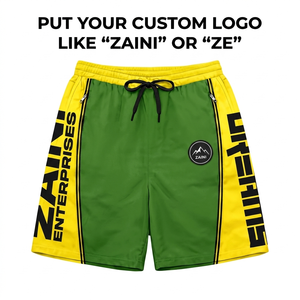 Shorts coupe-vent pour hommes 140 GSM en microfibre de polyester premium, panneau latéral vert-jaune, logo personnalisé, légers et performants - Product Image 1