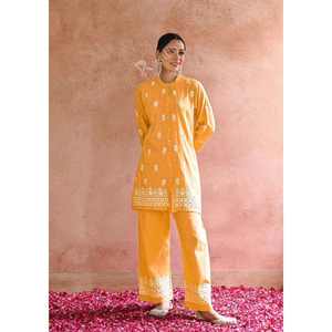 CONJUNTO DE TRABAJO DE BORDADO DE RAYÓN DE DISEÑADOR AMARILLO DE LA CO-ORD - Product Image 1