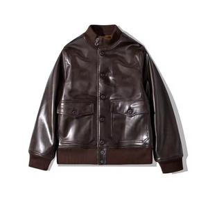 Unisex PU Leather Waterproof <b>Vintage</b> <b>Bomber</b> <b>Jacket</b> Stand Collar Single Breasted Casual Autumn Regular Fit Solid Color Front - Product Image 4