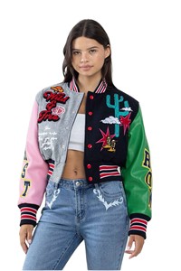 Chaqueta Varsity Unisex de Lona Gris Claro para Invierno, Estilo Hip Hop, Resistente al Viento, con Cuello Mao, Parches Bordados de Manos en Oración, Paloma y Rosa - Product Image 3