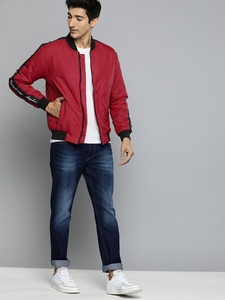 Men's Red Bomber Jacket With Black Trim And Letter Print Sleeve Casual Autumn Wear Zipper Front Turn-<b>down</b> Collar - Product Image 3