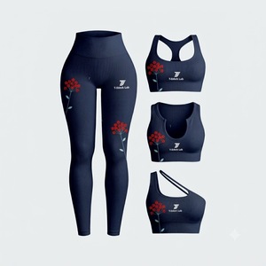 Conjunto de Yoga de 2 Piezas: Leggings de Cintura Alta con Textura Acanalada y Sujetador Deportivo Racerback con Bloques de Color, Ropa Deportiva sin Costuras - Product Image 3