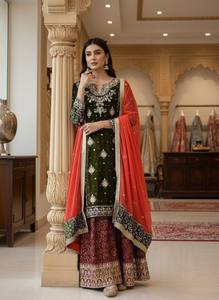 Ensemble Salwar Kameez vert brodé pour femmes, avec dupatta |   Costume ethnique indien pour fêtes et mariages - Product Image 4