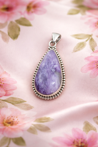 <b>Top</b> Quality Charoite Gemstone 925 Sterling Silver Pendant Teardrop Handmade Beaded Frame <b>Rose</b> Gold Yellow Gold Plated Jewelry - Product Image 6