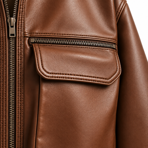 Blouson Bomber Homme Marron en Cuir Véritable Respirant Coupe Slim Col Rabattu Fermeture Éclair Manches Classiques Automne Décontracté - Product Image 6
