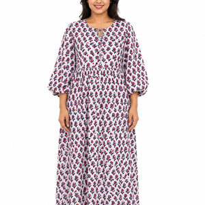 Beautiful Floral Cotton Hand <b>Drawn</b> Summer Dress with 3/4 Sleeves Quick Dry for Casual Wear - Product Image 1