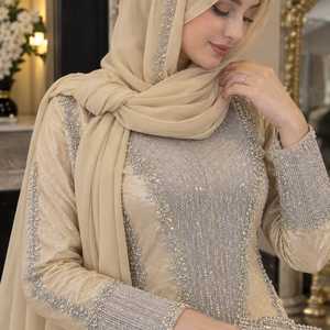 Robe Abaya musulmane modeste pour femmes, longueur ras du sol, en polyester vert olive, robe de soirée champagne, ornée de strass argentés complexes - Product Image 4