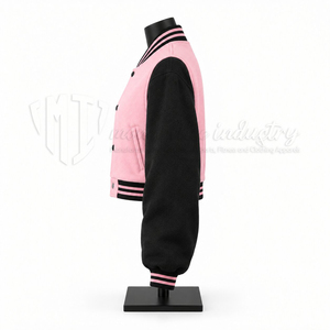 Chaqueta Bomber Corta para Mujer, Estilo Universitario, Rosa y Negra con Bloques de Color, Puños Acanalados a Rayas, Moda Urbana, Venta al por Mayor - Product Image 5