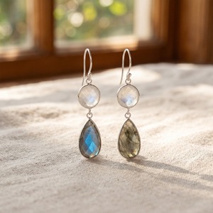 Pendientes colgantes de labradorita y piedra lunar arcoíris, plata de ley 925, piedras preciosas facetadas, pendientes colgantes hechos a mano, regalo para mujer - Product Image 5