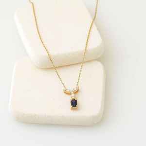 Dainty Baguette <b>Blue</b> <b>Sapphire</b> Pendant Minimalist 925 Sterling Silver 14K Gold Plated Elegant Fine Jewelry - Product Image 2