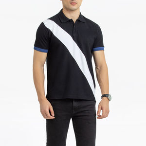 Camisa Polo Negra con Raya Diagonal Blanca y Puños Azules, Manga Corta, Informal, para Verano - Product Image 3