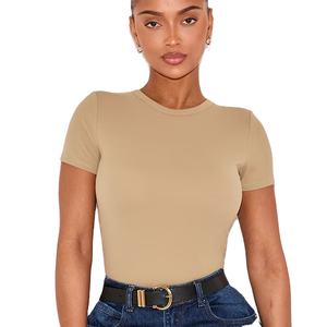 Women's <b>Khaki</b> Slim Fit Breathable Crop <b>Top</b> Short Sleeve Gym Workout Casual Wear Spandex/Polyester - Product Image 1