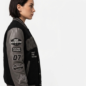 Black Grey <b>Racing</b> letterman <b>Jacket</b> Custom Leather Sleeve Embroidered Bomber Streetwear Motorsport <b>Jacket</b> - Product Image 4