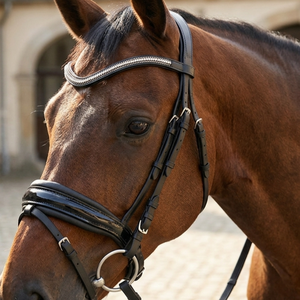 Brida de cuero negro premium personalizada para caballo, ancha, con doble acolchado de neopreno suave, cuero charol, frenteal con cristales ondulados, OEM - Product Image 2