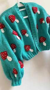 Cárdigan de Mujer Tejido a Mano con Apliques de Hongos, Color Verde Azulado, Manga Larga, Estilo Casual para Otoño - Product Image 6