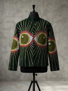 Chaqueta Bomber de Terciopelo Azul con Bordado del Signo de la Paz, Estilo Boho, Corta, Abierta por Delante, Ecológica, Vintage, Étnica, Personalizada para Mujer - Product Image 3