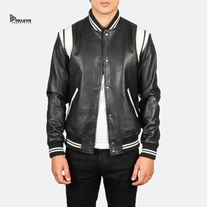 Veste universitaire en cuir PU noir pour homme avec rayures blanches, coupe ajustée décontractée, col rabattu, manches classiques, vêtement d'automne - Product Image 1