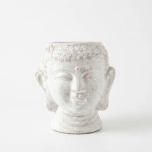 Pot de fleurs en terre cuite rustique blanc uni, fait main, en forme de tête de Bouddha, statue décorative en céramique, urne de table - Product Image 1