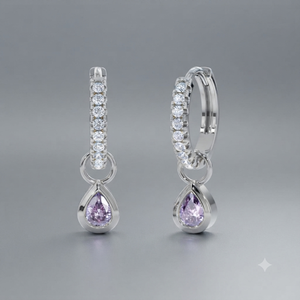 Boucles d'oreilles créoles classiques Huggies avec améthyste taille poire et moissanite taille ronde en alliage, bijoux de mariage pour femme - Product Image 1