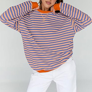 Sudadera Oversize para Mujer, Otoño 2026, Cuello Redondo, Rayas, Manga Larga, Sudadera con Capucha, Top Bonito, Atuendo Casual, Cómodo y Acogedor - Product Image 5