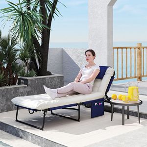 Lettino Prendisole Reclinabile Blu Navy con Telaio in Ferro/Rattan e Tasca Laterale e Poggiatesta - Product Image 2