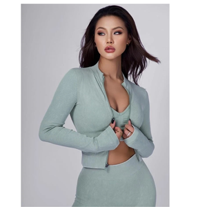 Women Ladies 3-Piece Yoga Suit Long Sleeve <b>Workout</b> Set <b>Jacket</b> Leggings Bra - Product Image 1