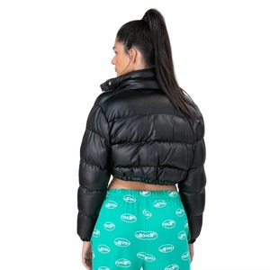 Women's Black <b>Quilted</b> Puffer Jacket Short Zipper Stand Collar Winter Coat Full Sleeve Thick Polyester <b>Wadding</b> Solid Pattern - Product Image 6