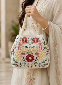 Sac à main en velours léger et durable pour femmes, motif floral, avec poignée en perles et doublure en soie - Product Image 2
