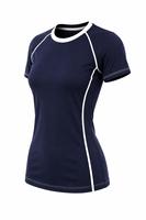 Haut de sport respirant et écologique à manches courtes pour femme, bleu marine, en spandex et polyester, séchage rapide, idéal pour la vente en gros