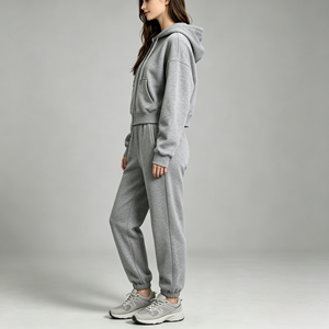 Sudadera con capucha corta gris para mujer, con cremallera frontal, informal, de manga larga, con capucha, de mezcla de algodón tejido, para otoño - Product Image 6