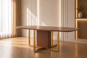 Table à manger ovale moderne en bois avec plateau aspect marbre, table sur piétement, mobilier de salle à manger sur mesure - Product Image 2