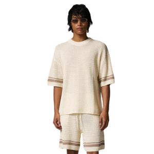 Camiseta de punto de ganchillo con rayas en contraste, top casual de verano texturizado de manga corta, prenda de punto transpirable - Product Image 6