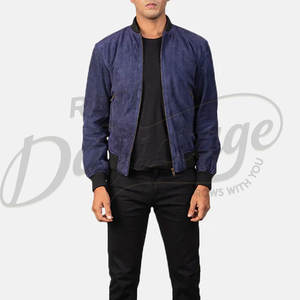 Blouson Bomber Homme en Cuir Souple Véritable Bleu, Coupe Slim, Col Côtelé Classique, Toucher Doux, Idéal pour Tenue Décontractée ou Soirée - Product Image 4