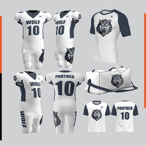 Ensemble d'uniformes de football américain Wolf, blanc et bleu marine, sublimé, col en V, manches courtes, anti-transpiration, antibactérien, respirant, personnalisé - Product Image 1