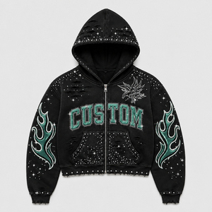 Sudadera con capucha negra personalizada con cremallera, diseño de llamas y pedrería, estilo Y2K, streetwear, con gráficos tachonados, de gran tamaño, de tejido grueso y estilo vintage. - Product Image 1