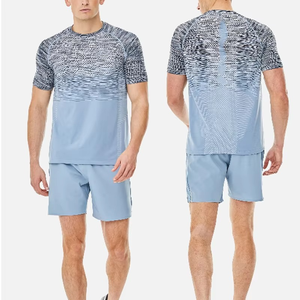 Ensemble de t-shirts sportifs pour homme, imprimé dégradé bleu, col rond, tricoté en polyester et élasthanne, séchage rapide, vêtements d'été - Product Image 1
