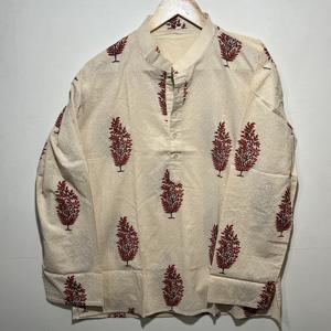 Kurta Corta de Manga Larga para Hombre, 100% Algodón Beige, Calidad Premium |   Estampado Floral Hecho a Mano, Estilo Tradicional, Transpirable - Product Image 1