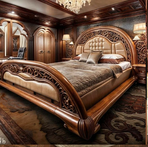 Cama de madera de caoba de alta calidad con un intrincado crestsado floral e iluminación LED integrada cálida. Disponible a precios de mayorista. - Product Image 6