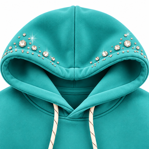 <b>Pink</b> Winter Oversized Heavyweight 100% Cotton Discharge Embroidered Pullover Hoodie Pocket Rhinestone Embellishments - Product Image 3