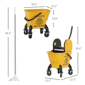 Secchio per Mop con Strizzatore in Plastica PP da 27,5 Qt su Ruote per Pulizia Pavimenti, Capacità 30L con Manico e Mop Giallo - Product Image 3