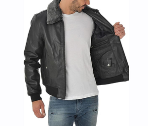 Trendy Men's Genuine Leather Jacket With Faux Fur Collar Zipper Closure Winter Moto Style Black Regular Fit Breathable - Product Image 6