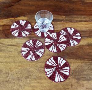 Handmade Eco-Friendly Customizable Red and White <b>Round</b> Knitted Coasters-Set of 6 for Home & Hotel Use - Product Image 2