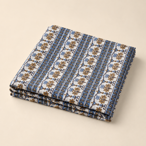 Brown Blue Floral Hand Block Printed Cotton Fabric <b>Set</b> With Stripe And Buta Motif For Dress Kurta <b>Sewing</b> Home Textile Craft - Product Image 2